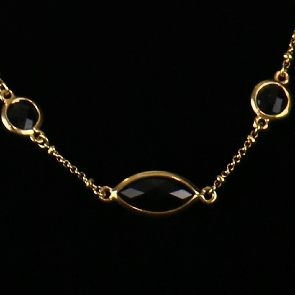 Vintage Monet Black Faceted Glass Station Necklace Gold Tone Long Chain 36" Rope - Picture 5 of 7